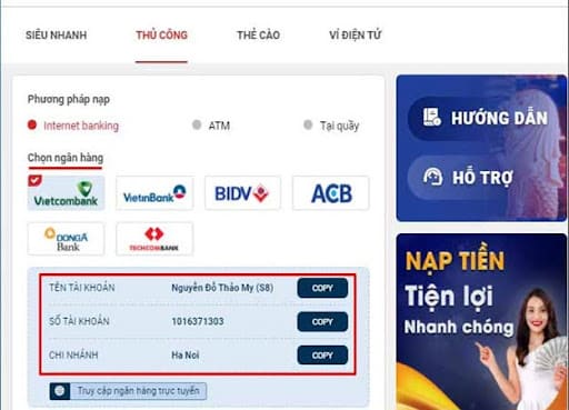 Nạp tiền Sin88 theo cách thủ công